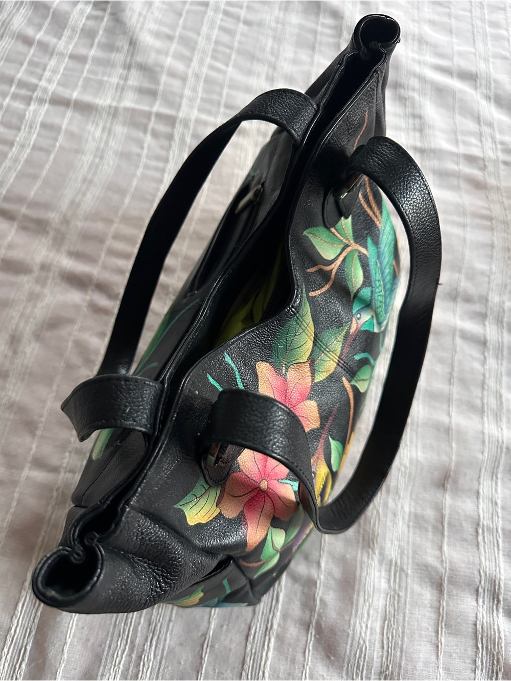 Anna by Anuschka Hand Painted Leather Shoulder Bag | Birds in Paradise Black - Picture 9 of 16